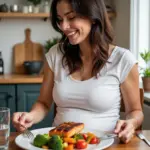 Pregnant woman enjoying a healthy salmon dish