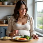 Pregnant woman enjoying a healthy meal of grilled salmon with vegetables.