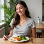 Pregnant woman enjoying a healthy meal of salmon rich in DHA