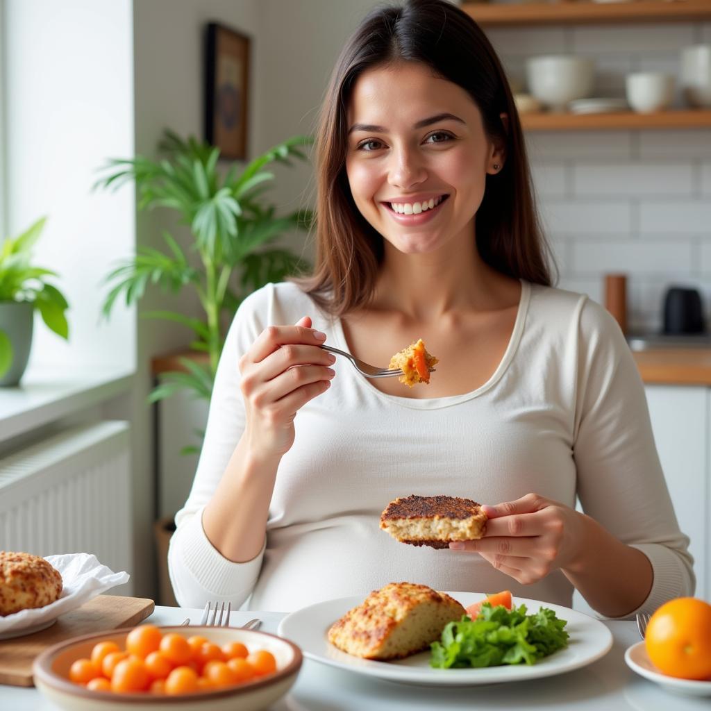 A pregnant woman enjoying a healthy meal