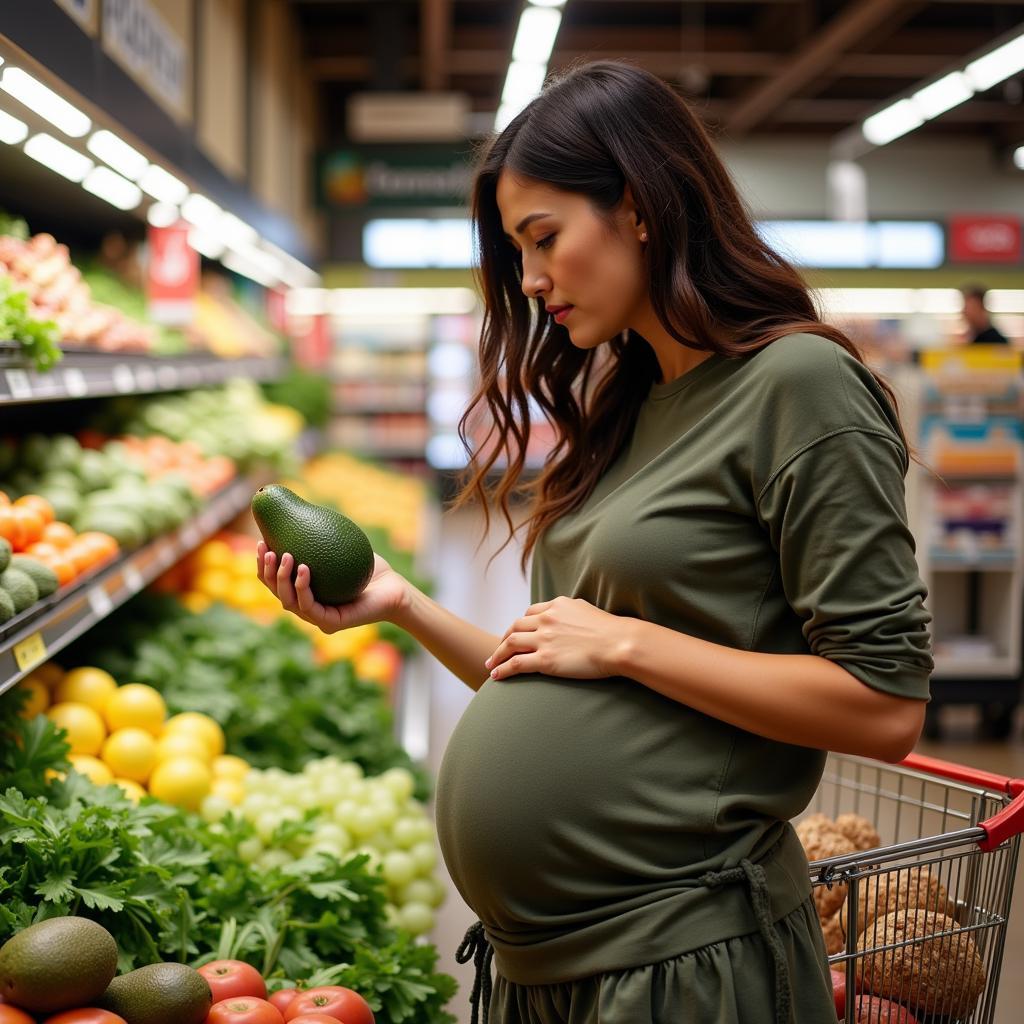 Pregnant woman selecting fresh produce in a grocery store.