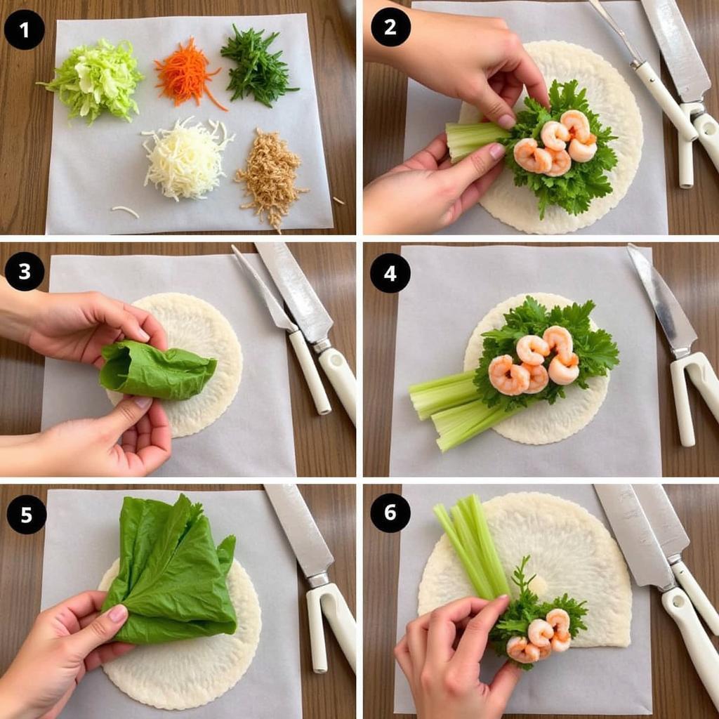 A person demonstrating how to make fresh spring rolls (goi cuon) at home, with all the necessary ingredients laid out.