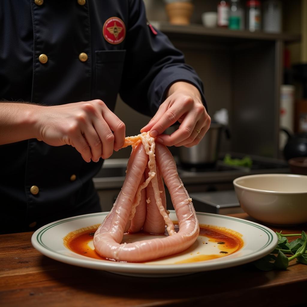 Chef preparing pig intestine in a traditional Hanoi kitchen