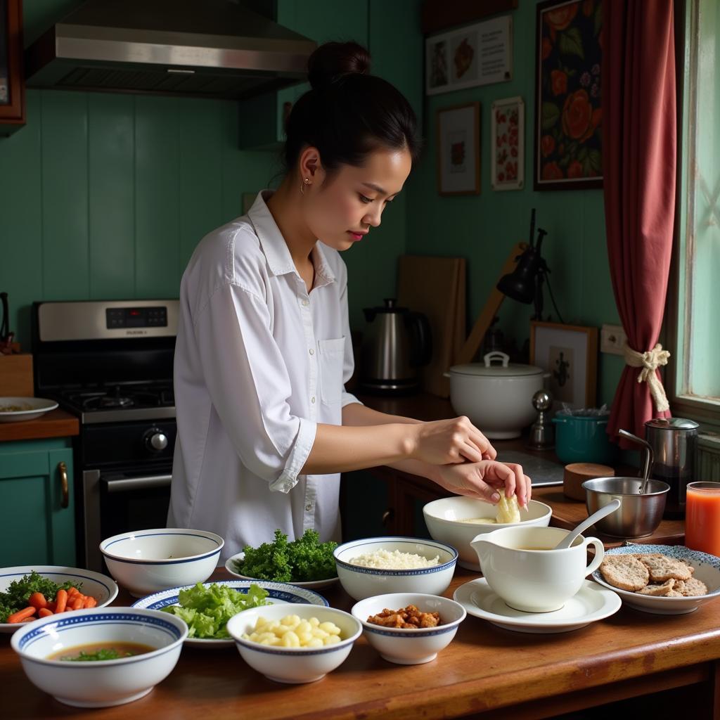 Preparing porridge for a sick child in a Hanoi kitchen