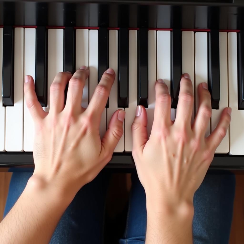 Proper Hand Position on the Piano: Demonstrating the correct placement of fingers for both hands on the keyboard.