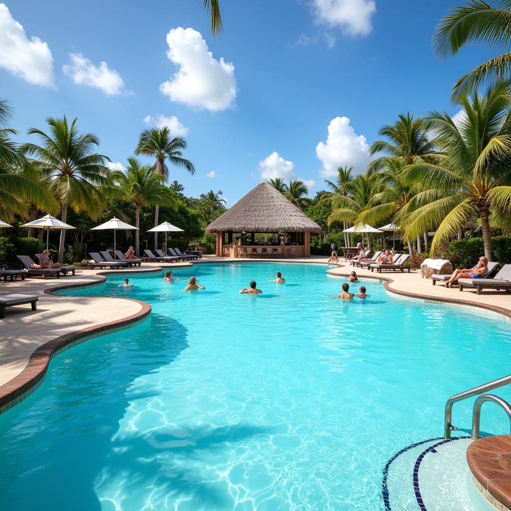 Luxurious resort pool in Punta Cana with people relaxing and enjoying the sunshine.