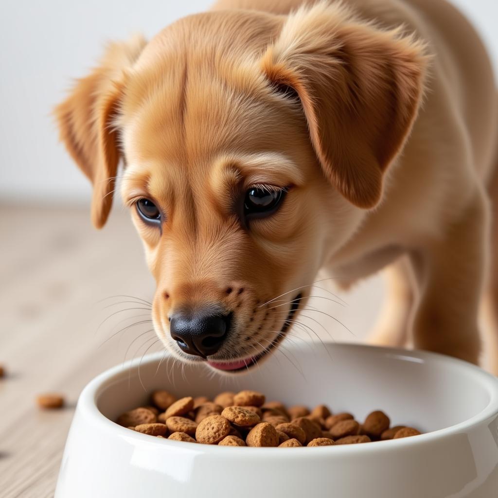 A puppy enthusiastically eating from a bowl of kibble