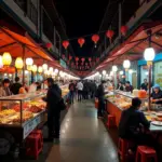 Quy Nhon Night Market with bustling crowds, vibrant food stalls, and colorful lanterns.