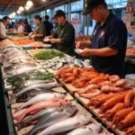 Quy Nhon Seafood Market: Fresh catches of the day displayed at a bustling Quy Nhon seafood market, featuring a wide variety of fish, shrimp, crab, and other marine delicacies.