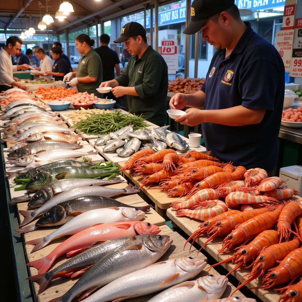 Quy Nhon Seafood Market: Fresh catches of the day displayed at a bustling Quy Nhon seafood market, featuring a wide variety of fish, shrimp, crab, and other marine delicacies.