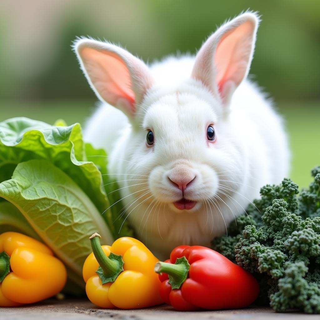 Rabbit eating fresh vegetables