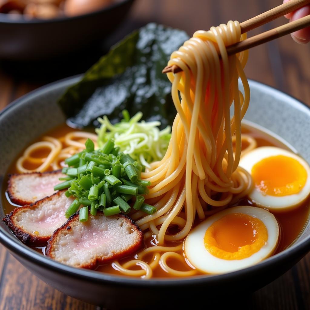 A steaming bowl of ramen with chopsticks.