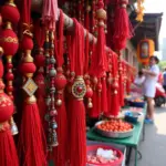 Red string bracelets displayed at a bustling Hanoi market