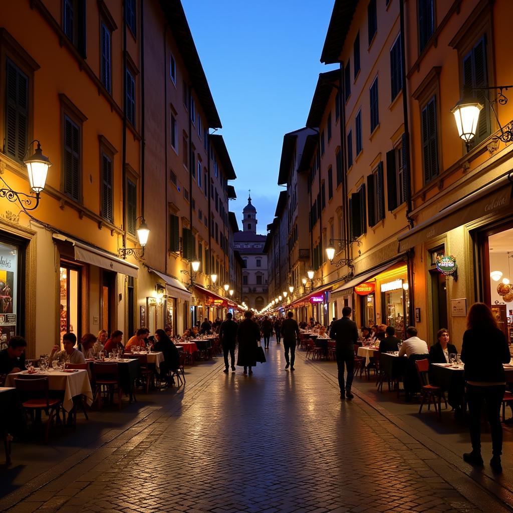 A street scene in Rome at night