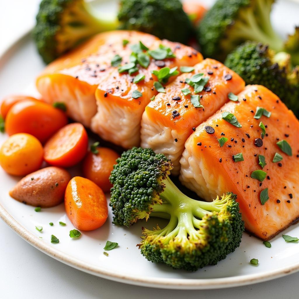 A plate of salmon with roasted vegetables, a healthy meal for postpartum recovery.