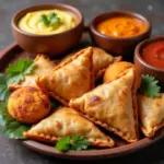 Close-up of golden-brown samosas and pakoras served with vibrant green and red chutneys.