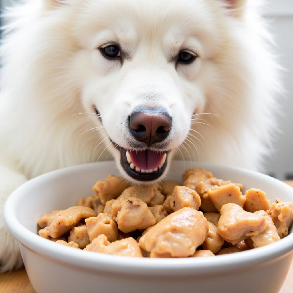 Samoyed Enjoying a Chicken Meal