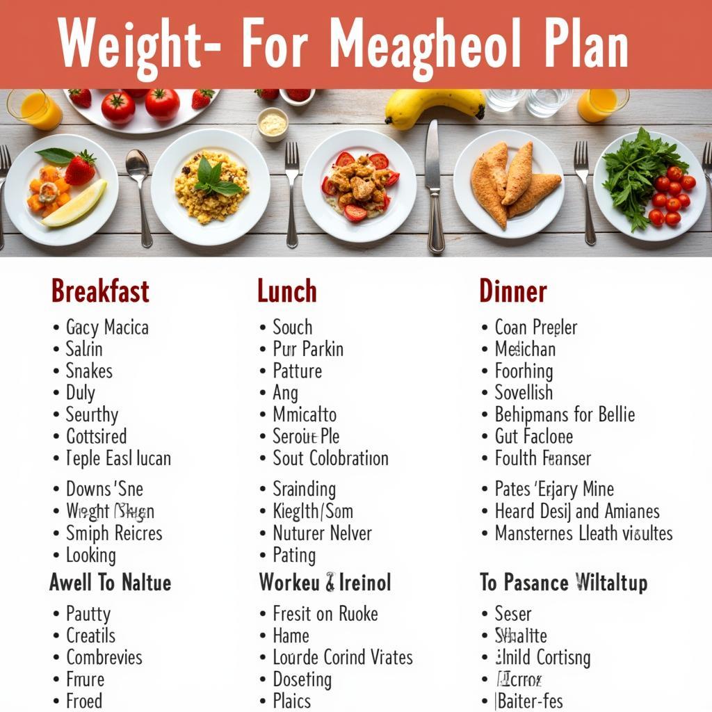 A table showcasing a sample weight-loss meal plan with breakfast, lunch, dinner, and snack options.