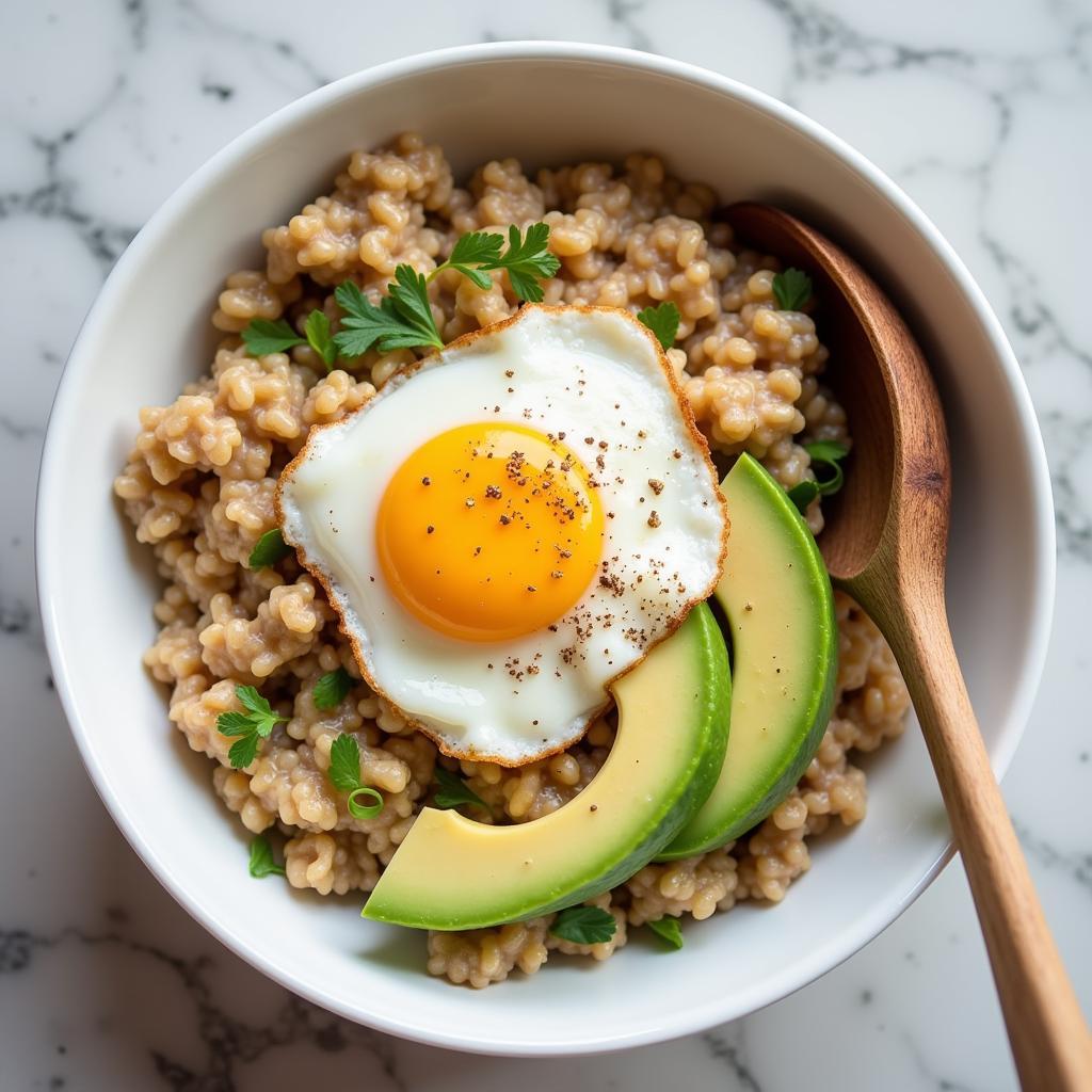 Savory oatmeal topped with a fried egg and sliced avocado