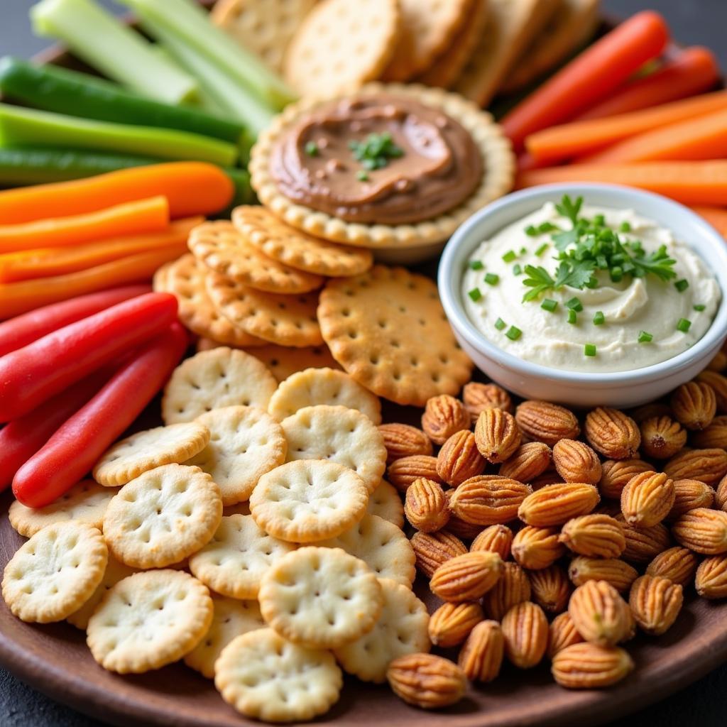 A platter of savory snacks like spiced nuts, dips, crackers, and vegetables.