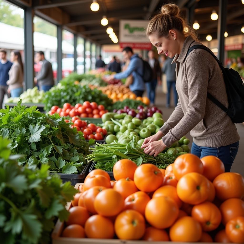 Choosing fresh fruits and vegetables at a local farmer's market