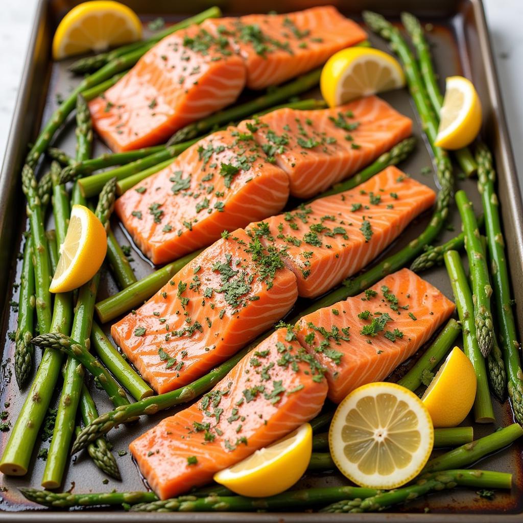 Sheet pan salmon with asparagus and lemon, a quick and easy weeknight dinner.