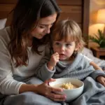 A sick child eating a warm bowl of porridge