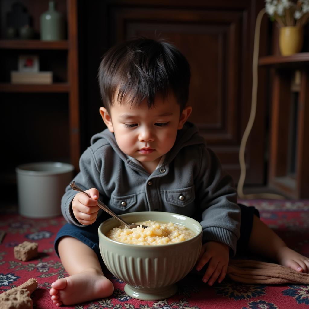 Sick child eating porridge in Hanoi