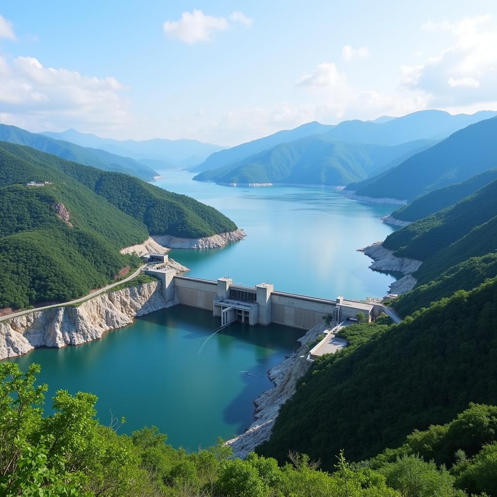 Panoramic view of Son La Hydropower Plant and the reservoir