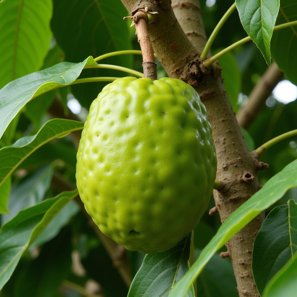 Soursop fruit hanging from a branch of a soursop tree in a tropical setting.