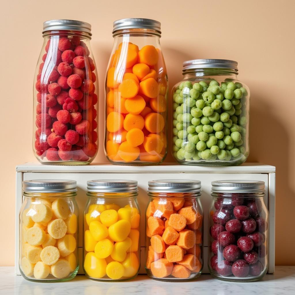 Storing colorful Tet snacks in airtight jars.