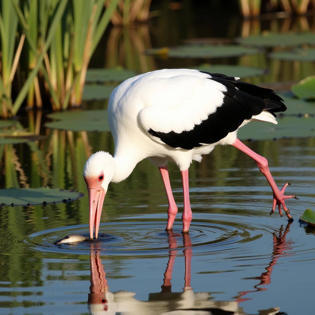 Stork catching a fish in a shallow pond