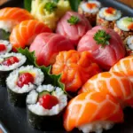 A platter of various sushi types, including nigiri, maki, and sashimi.