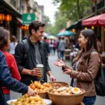 A tourist engages in polite conversation with a street vendor in Hanoi's Old Quarter