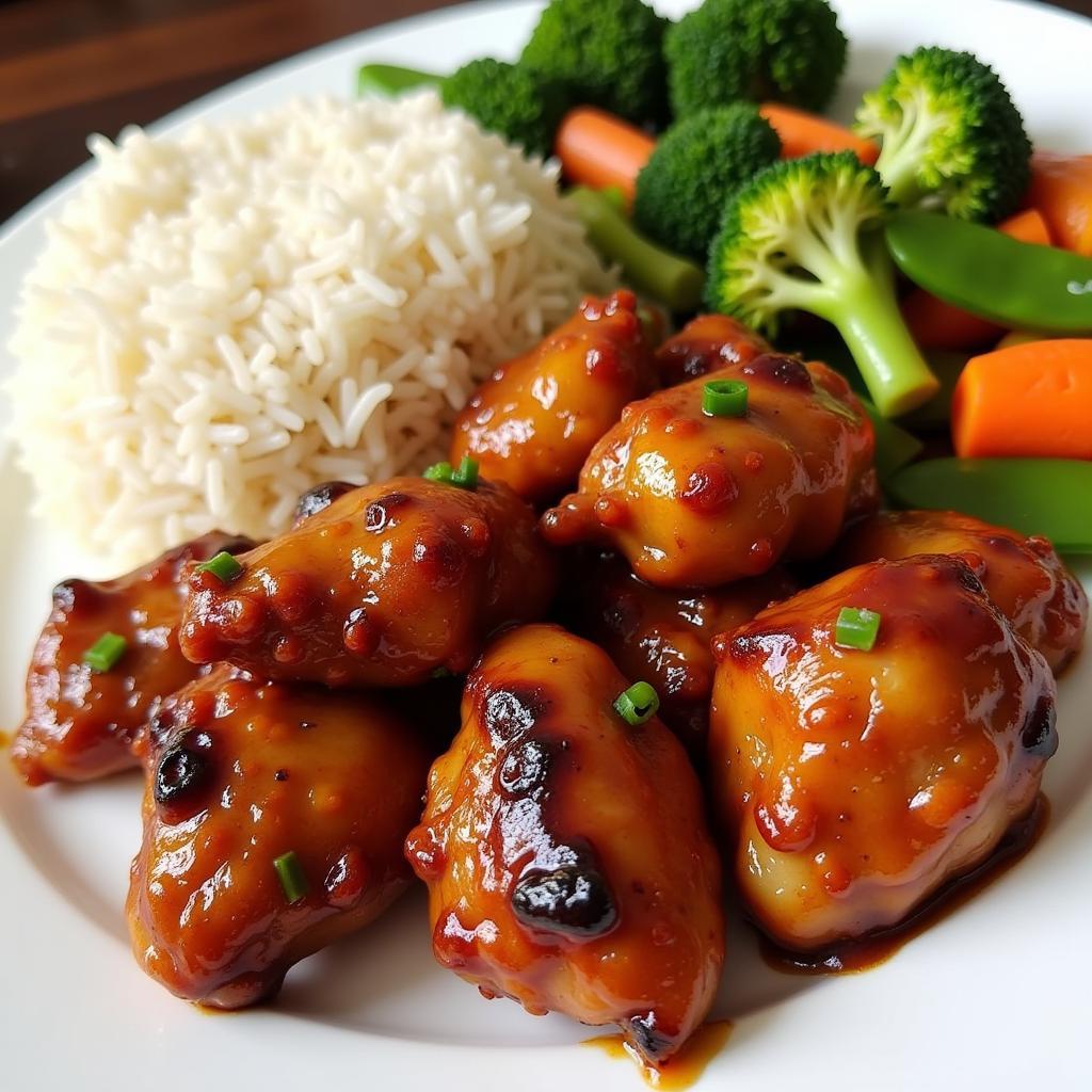 Teriyaki chicken served with steamed rice and vegetables.