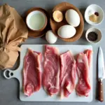 Ingredients for thit kho tau, including pork belly, eggs, coconut water, and spices, being prepared for cooking.