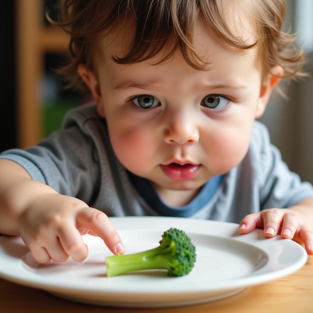 A toddler hesitantly reaching for a new food on their plate, illustrating the neophobia common in this age group.