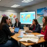 Students learning about tourism in a university classroom