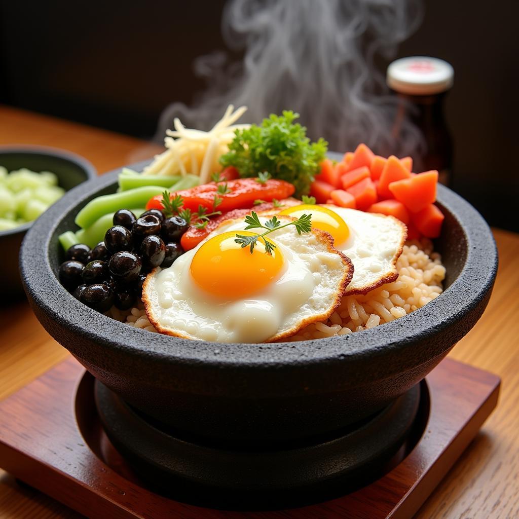 A sizzling hot stone bowl filled with bibimbap, topped with a fried egg and gochujang.