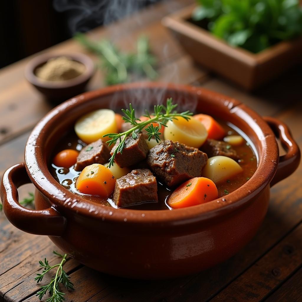 A steaming bowl of traditional Irish stew filled with tender meat and colorful vegetables.