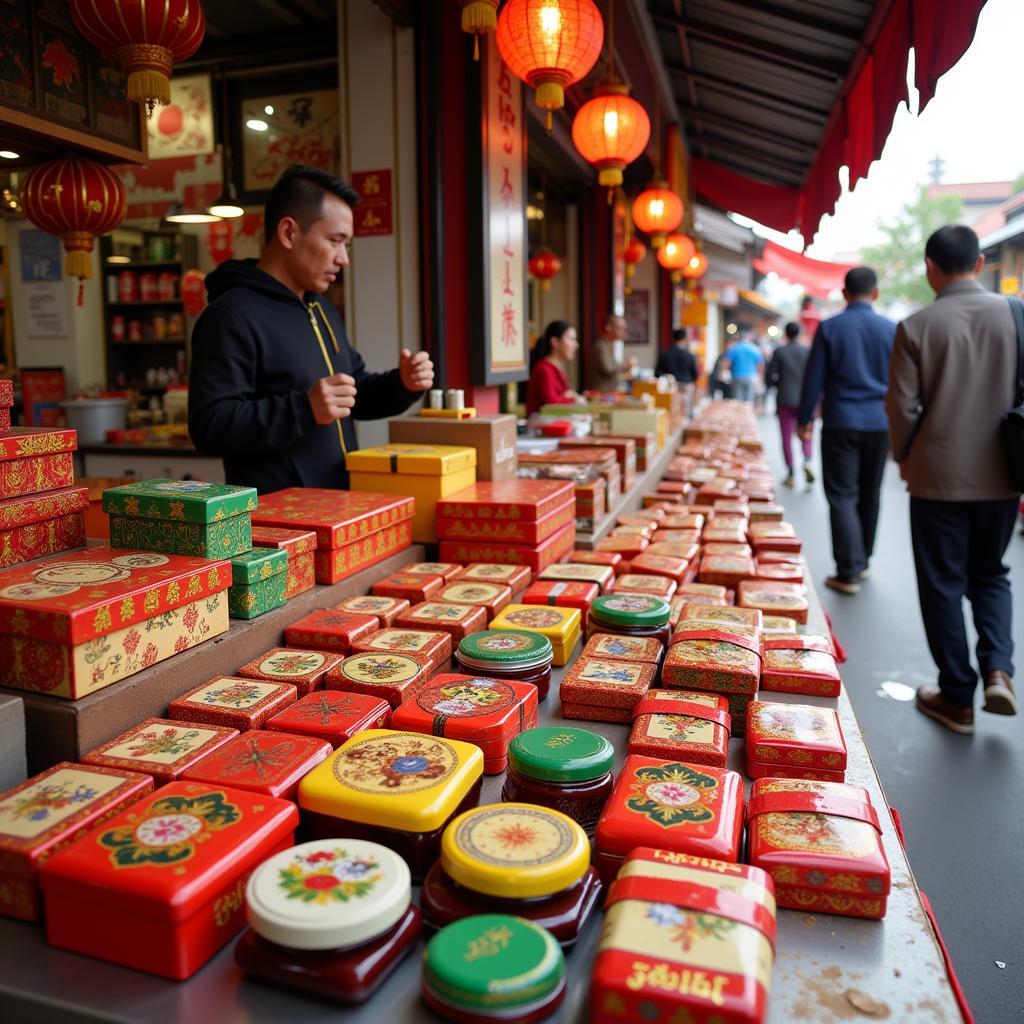 Vibrant Tet Market Scene with Colorful Jam Boxes