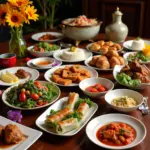 A table laden with colorful and diverse Vietnamese dishes prepared for a traditional "cỗ" feast.