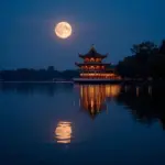 Tran Quoc Pagoda during Mid-Autumn Festival, with the moon reflecting on West Lake