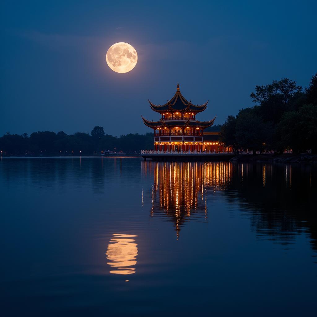 Tran Quoc Pagoda during Mid-Autumn Festival, with the moon reflecting on West Lake