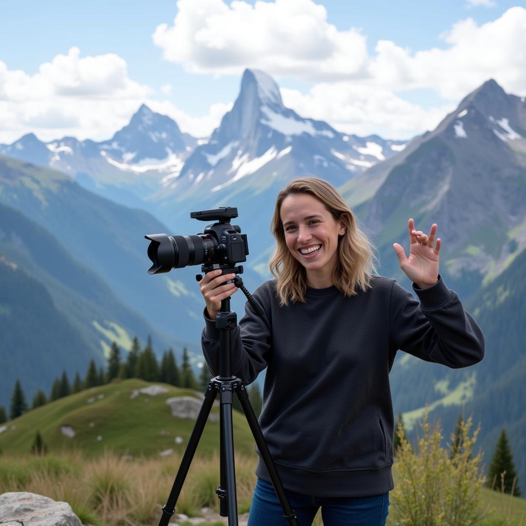 Travel blogger filming a video in a scenic location