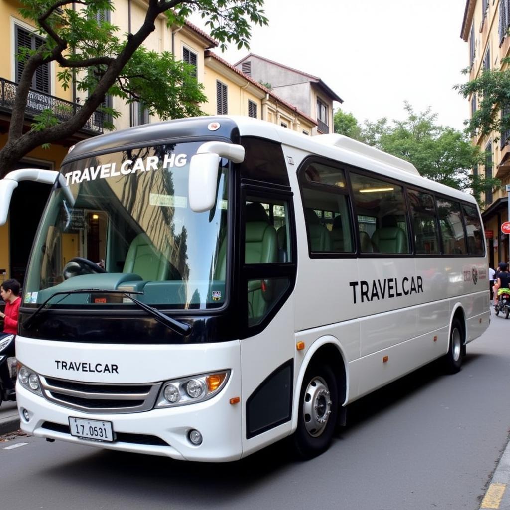 TRAVELCAR’s 16-seater bus parked in Hanoi’s Old Quarter, providing convenient access to the city’s historical and cultural attractions.