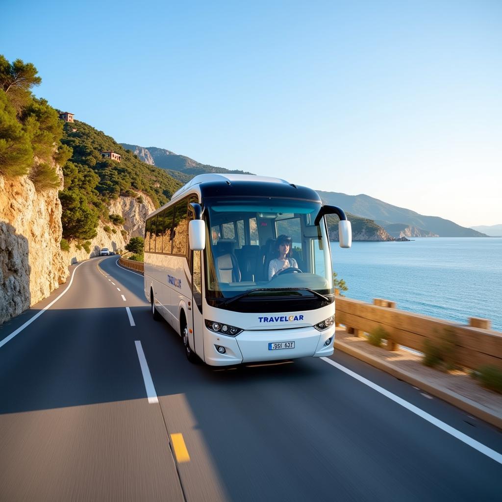 TRAVELCAR bus navigating a scenic route in Greece