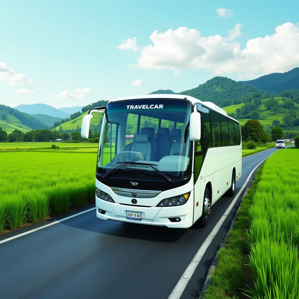 TRAVELCAR bus driving through the picturesque Hanoi countryside