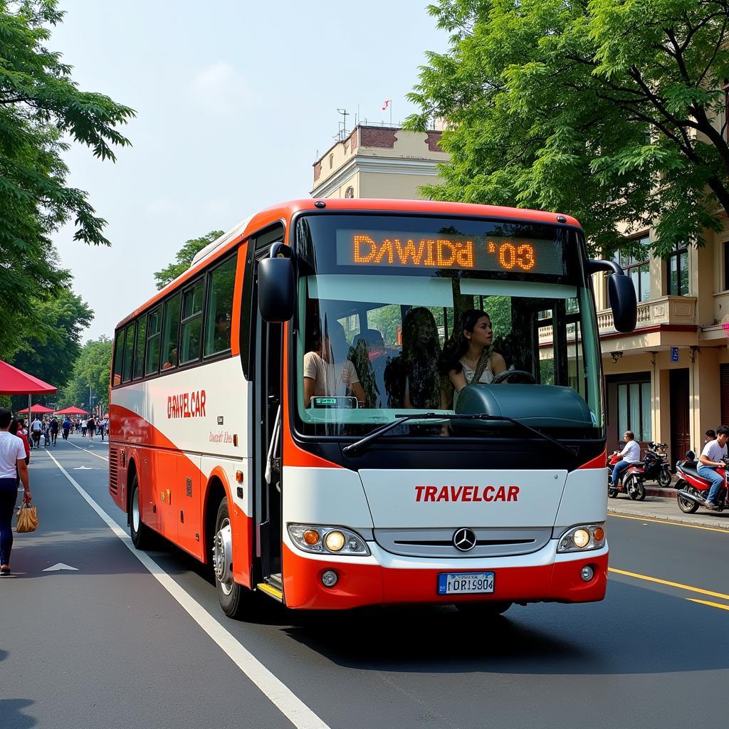 TRAVELCAR Bus on Hanoi Street: Convenient transportation for exploring the city's culinary scene.