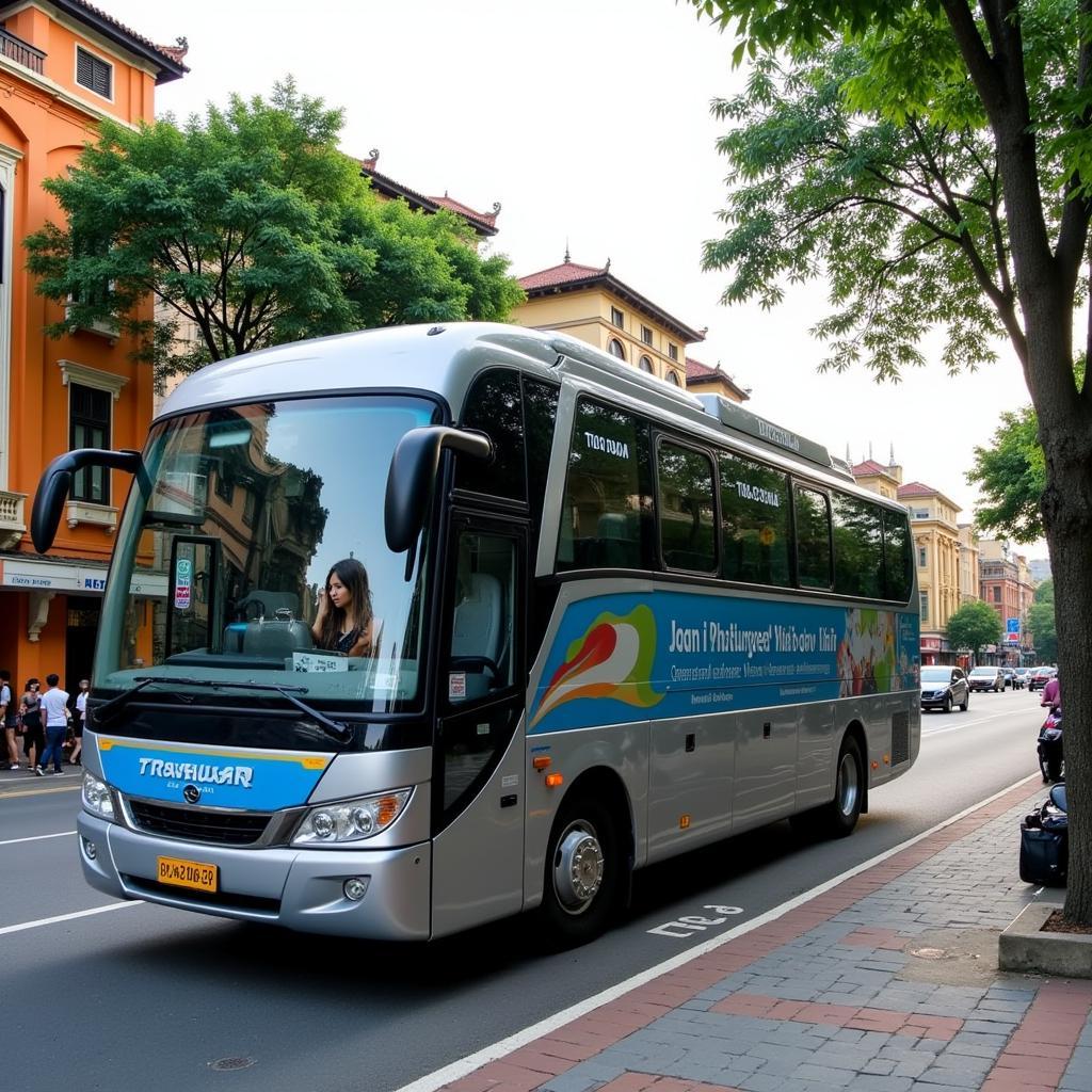 A TRAVELCAR bus navigating the bustling streets of Hanoi, providing convenient transportation for exploring the city's culinary scene.